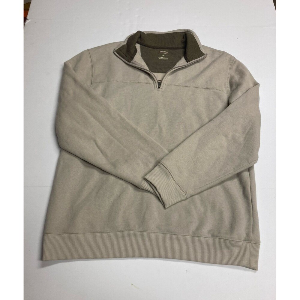 Arrow Men's Pullover Fleece Sweatshirt Cotton Blend Mock Neck 1/4 Zip Beige M